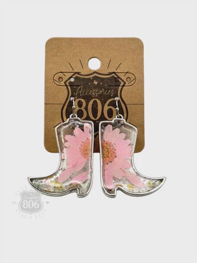 PRESSED FLOWER WESTERN BOOT EARRING  PINK