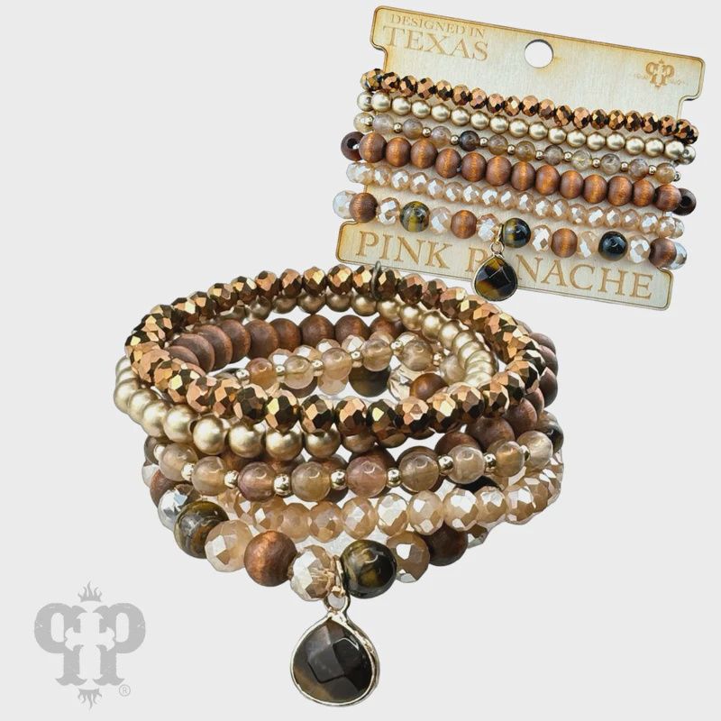 TIGER EYE BEADED BRACELET SET WITH TEARDROP CHARM  BROWN