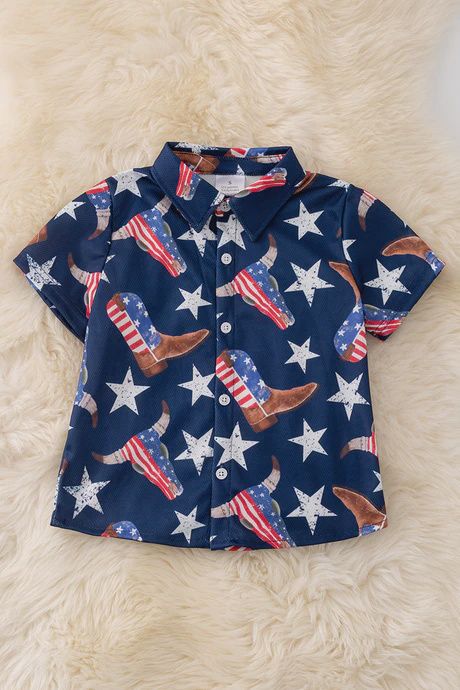 Boys Navy blue Western boot patriotic button up shirt
