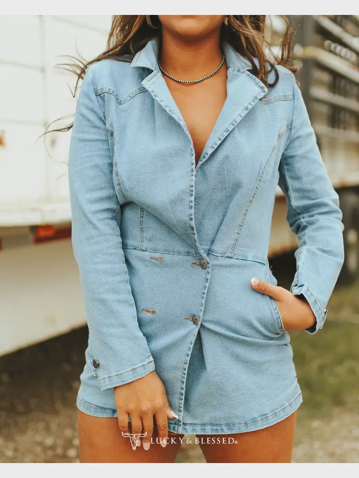 Denim Long Sleeve Overlap Button Down Lapel Romper