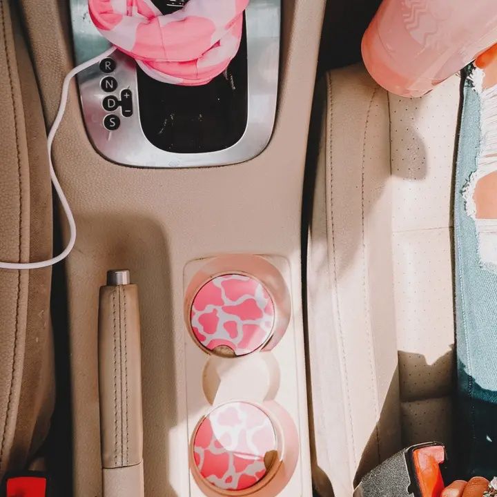 Pink Cow Print Car Coaster 2-pack