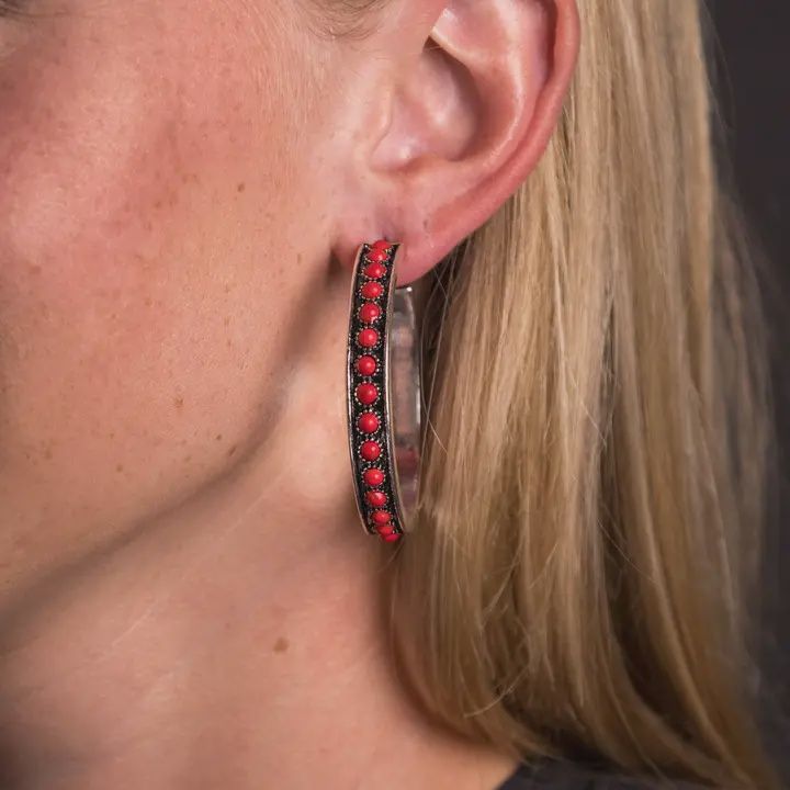 Burnished Silver and Red Hoop Earring