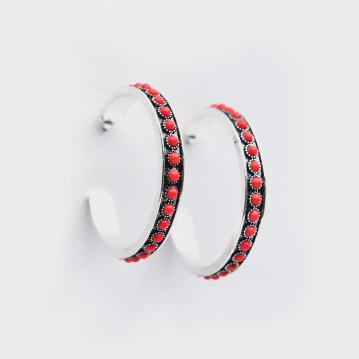 Burnished Silver and Red Hoop Earring