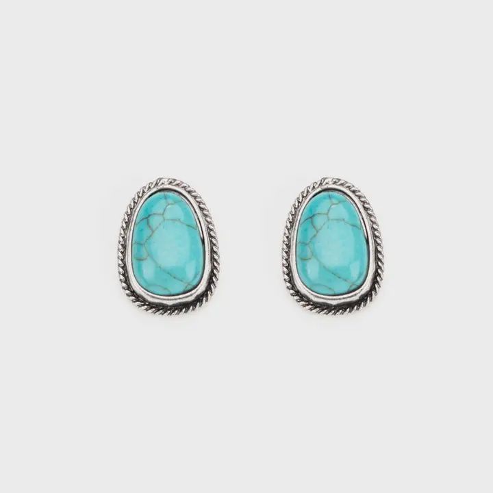 Turquoise  Post Earring with Burnished Silver Rope border