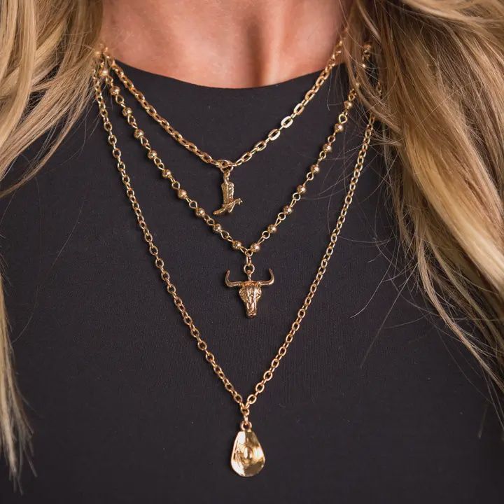 Gold Layer Chain necklace w/ cowboy boot, skull, and cowboy hat
