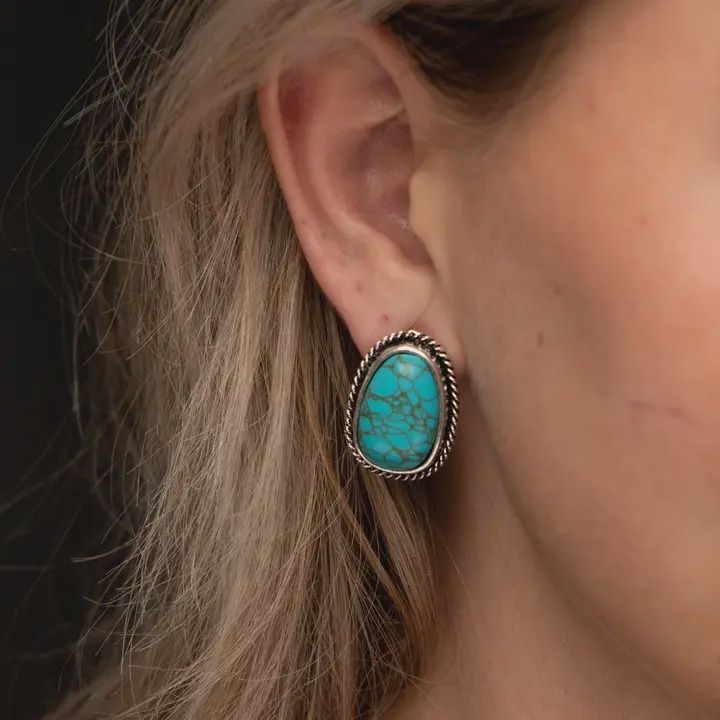 Turquoise  Post Earring with Burnished Silver Rope border
