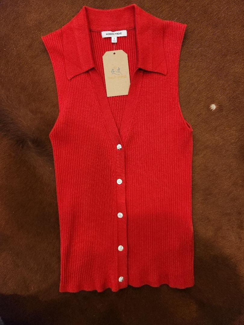Ribbed Button Down Sleeveless Collar Top