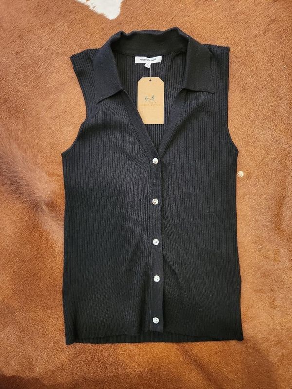 Ribbed Button Down Sleeveless Collar Top