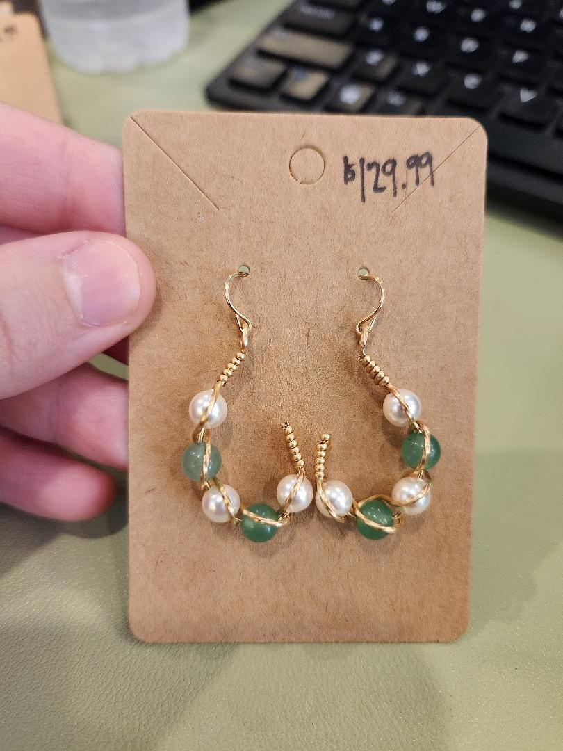 Jade and Pearl Gold Drop Hoop Earrings