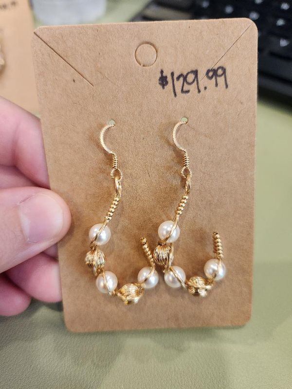 Pearl and Gold Bead Drop Hoop Earrings