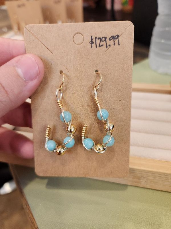 Turquoise and Gold bead drop hoop earring