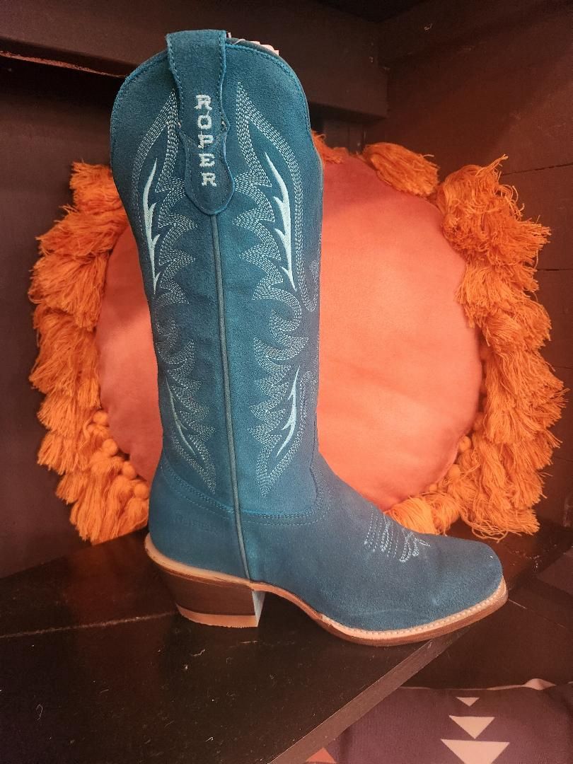 Cutter Toe 1 3/4&quot; Heel 13&quot; Shaft Turquoise Suede Leather Vamp &amp; Shaft