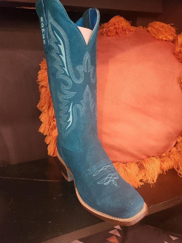 Cutter Toe 1 3/4" Heel 13" Shaft Turquoise Suede Leather Vamp &amp; Shaft