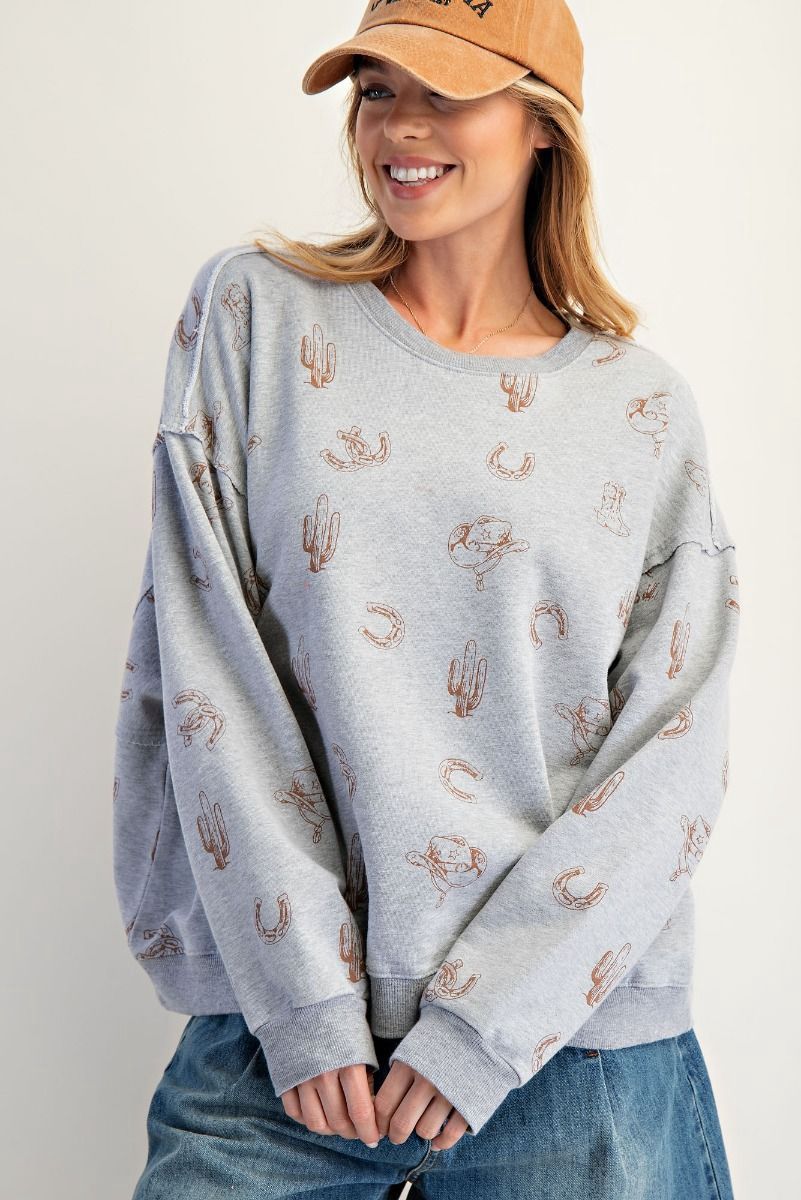 WESTERN PRINTED WASHED TERRY PULLOVER - PLUS