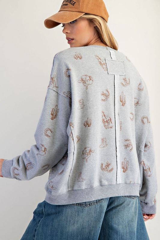 WESTERN PRINTED WASHED TERRY PULLOVER - PLUS