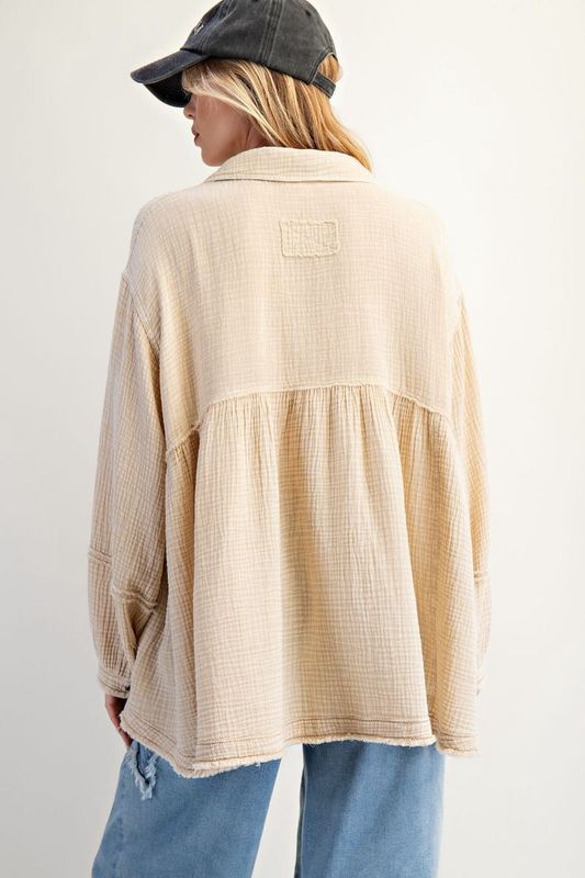 BUTTON DOWN WASHED COTTON GAUZE SHIRT - PLUS