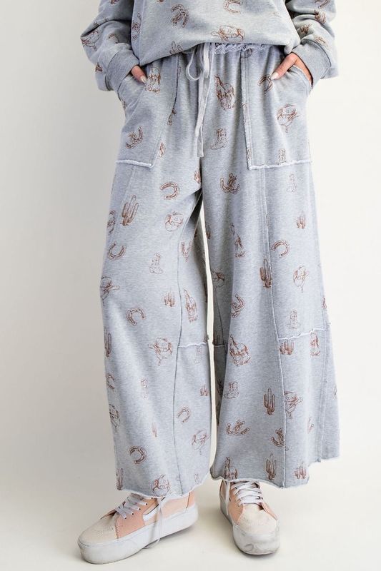 WESTERN PRINTED WASHED TERRY PANTS - PLUS