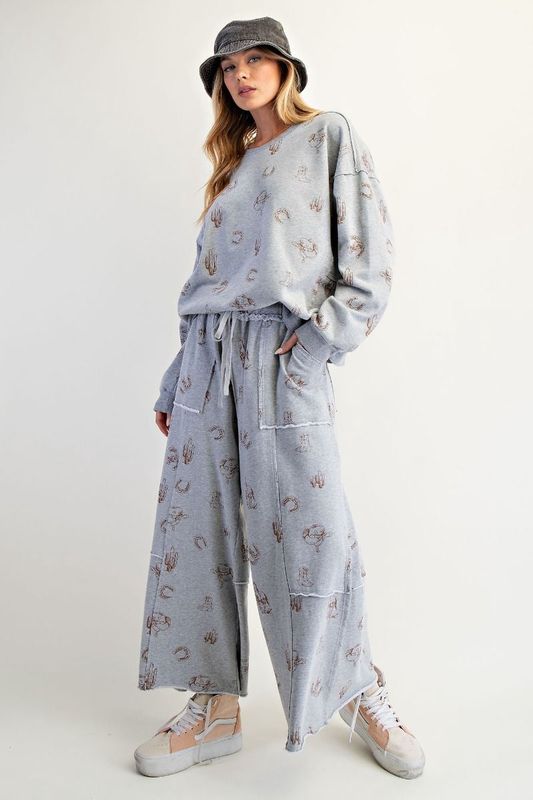 WESTERN PRINTED WASHED TERRY PANTS - PLUS