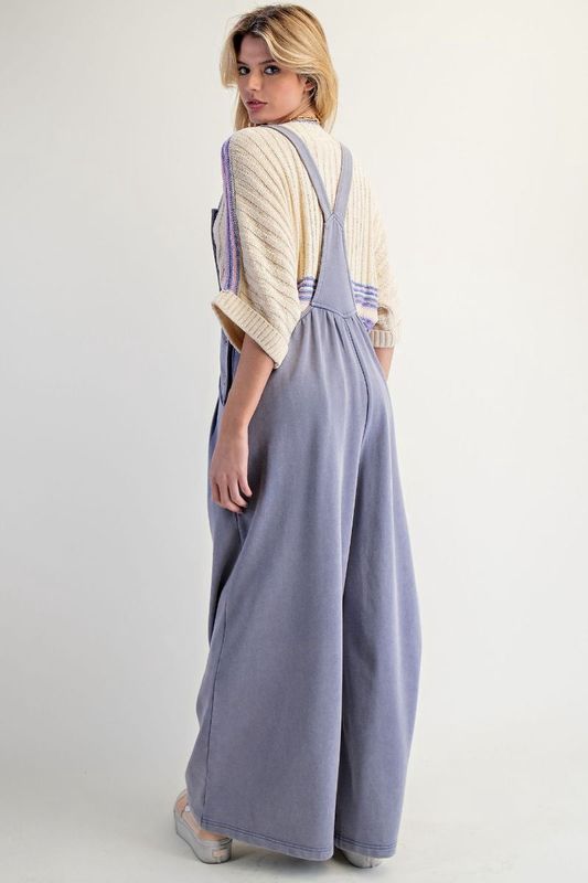 WASHED TERRY KNIT WIDE LEG JUMPSUIT/OVERALLS