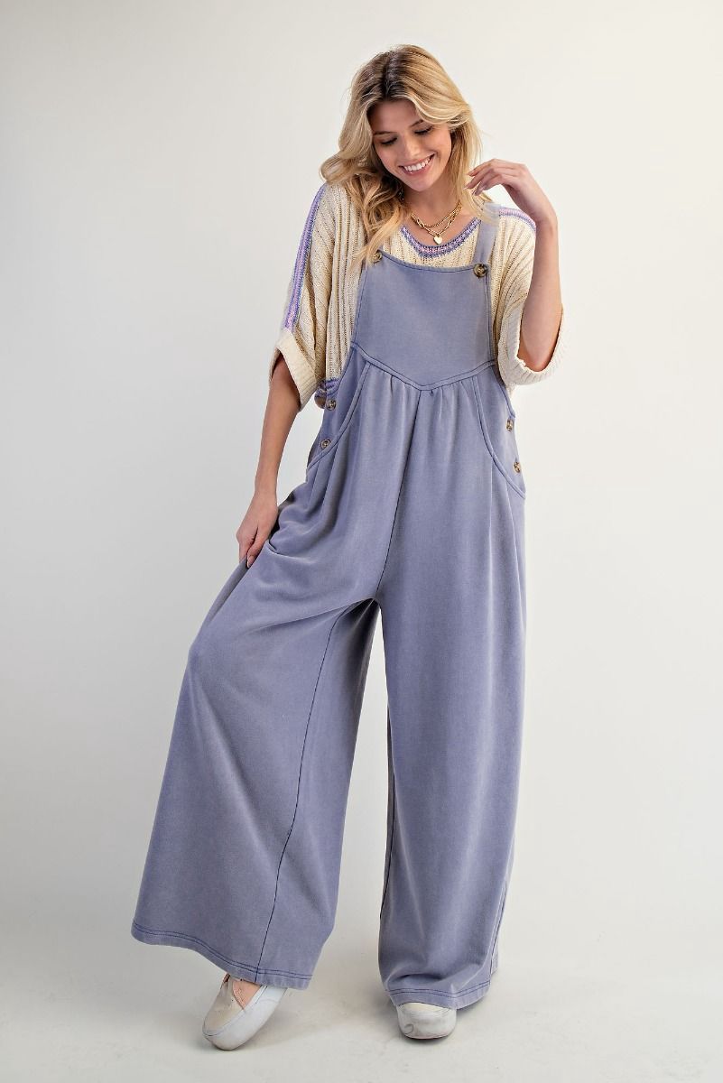 WASHED TERRY KNIT WIDE LEG JUMPSUIT/OVERALLS