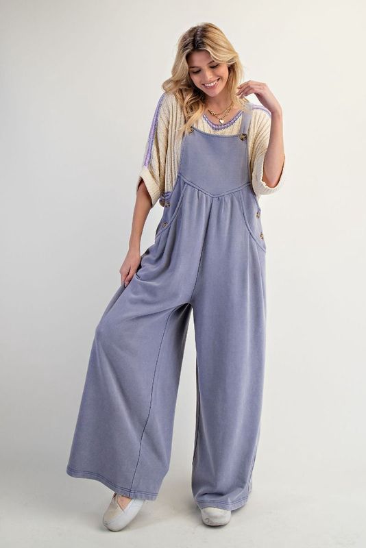 WASHED TERRY KNIT WIDE LEG JUMPSUIT/OVERALLS