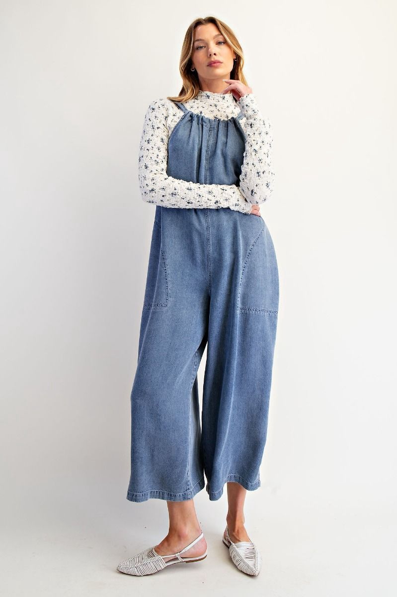 WIDE LEGS WASHED DENIM OVERALLS