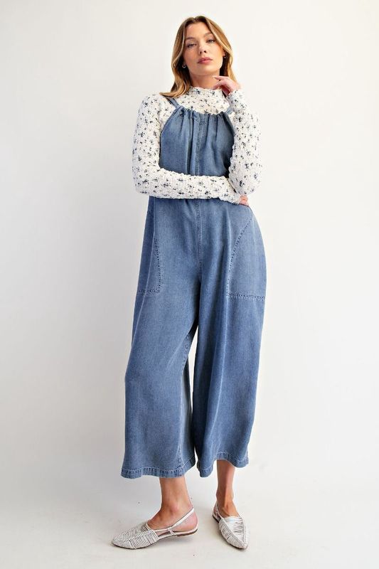 WIDE LEGS WASHED DENIM OVERALLS