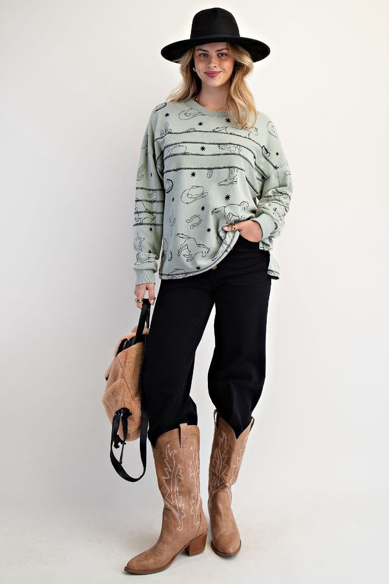WESTERN PRINT WASHED TERRY PULLOVER