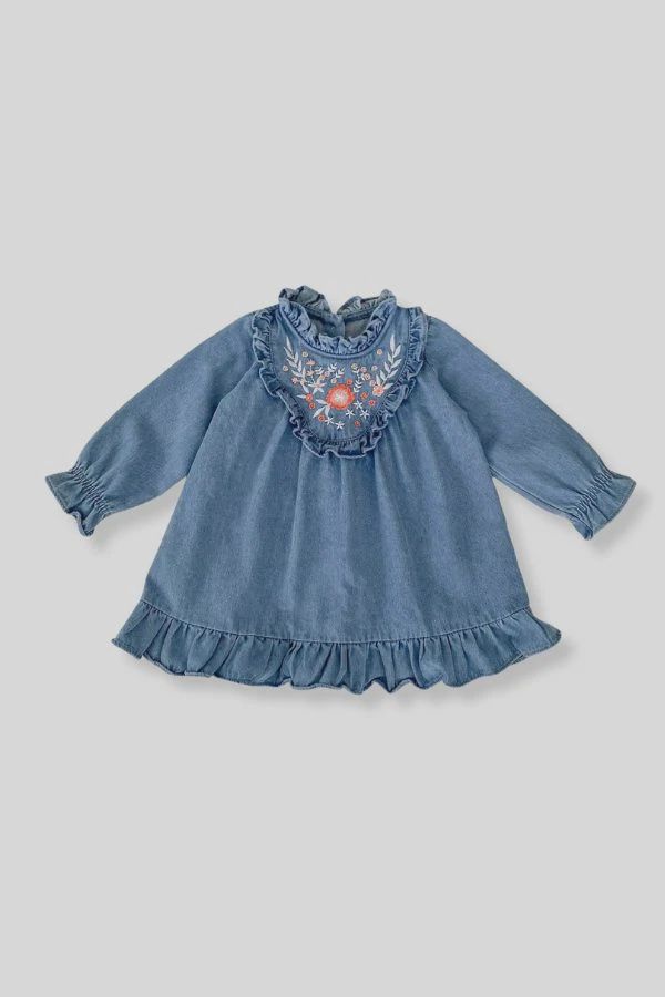 100% Cotton Denim Long Sleeve Dress with Embroidery Detail