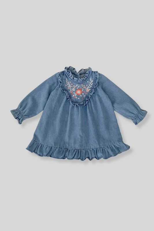 100% Cotton Denim Long Sleeve Dress with Embroidery Detail