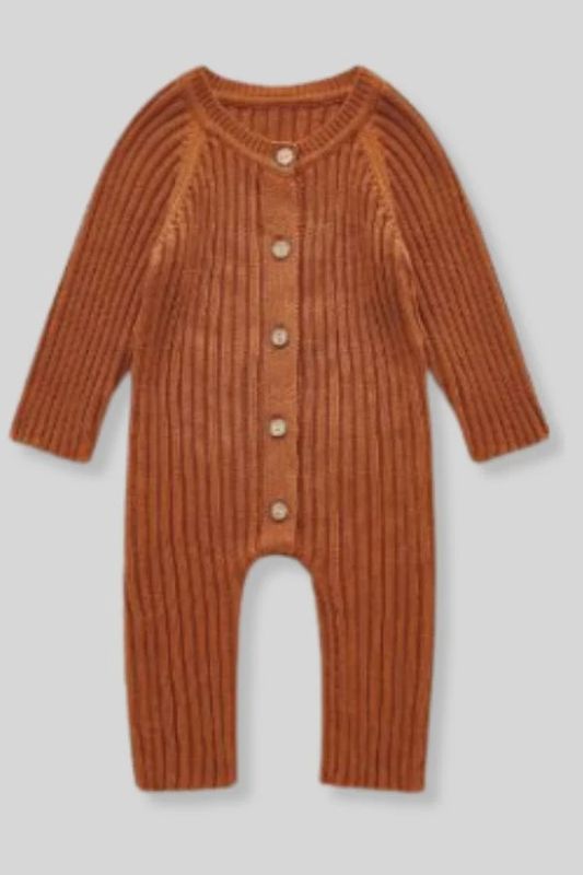 100% Cotton Knit Romper-Camel