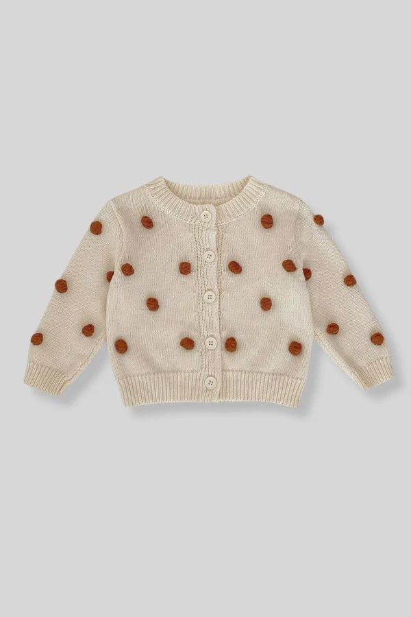 100% Cotton Knit Polka Dot Sweater Cardigan-Cream