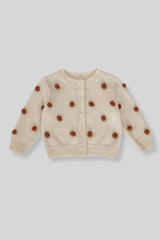 100% Cotton Knit Polka Dot Sweater Cardigan-Cream