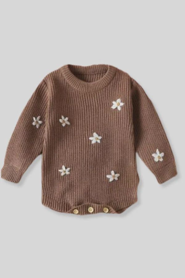 100% Cotton Knit Sweater Onesie with Embroidered Flower Detail-Brown