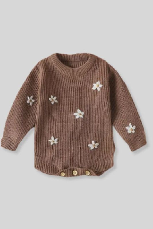 100% Cotton Knit Sweater Onesie with Embroidered Flower Detail-Brown