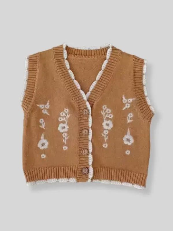 100% Cotton Knit Sweater Vest with Floral Embroidery-Mustard