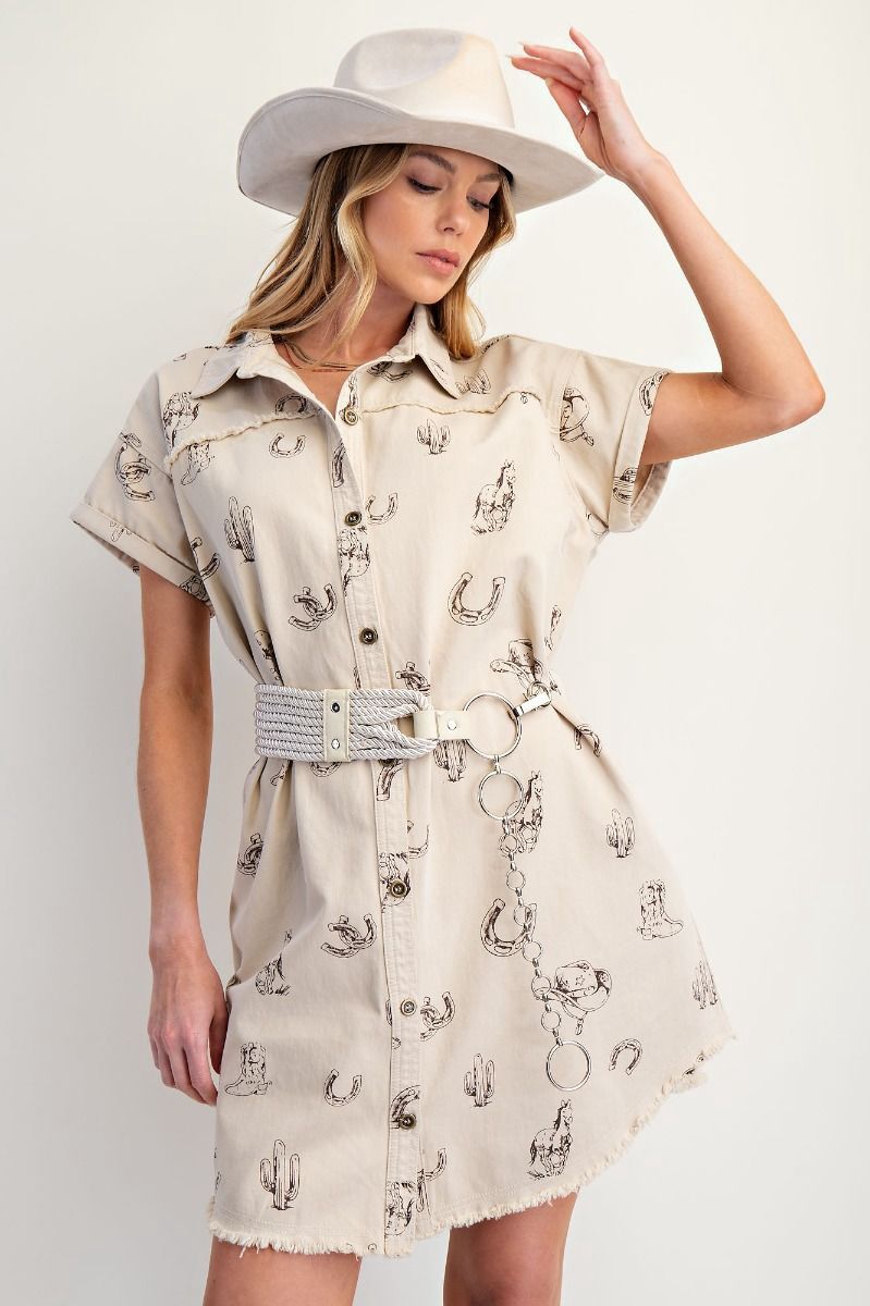 WESTERN PRINTED WASHED TWILL SHIRT DRESS
