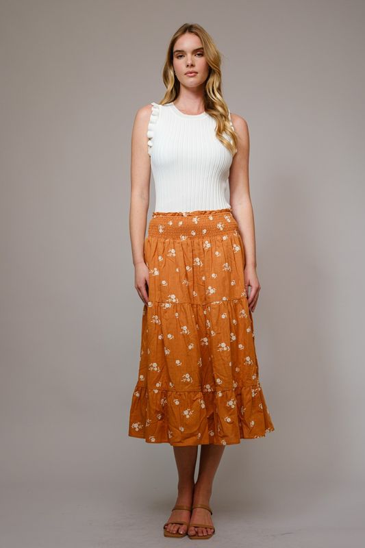 Smocked Waist Tiered Embroidered Midi Skirt