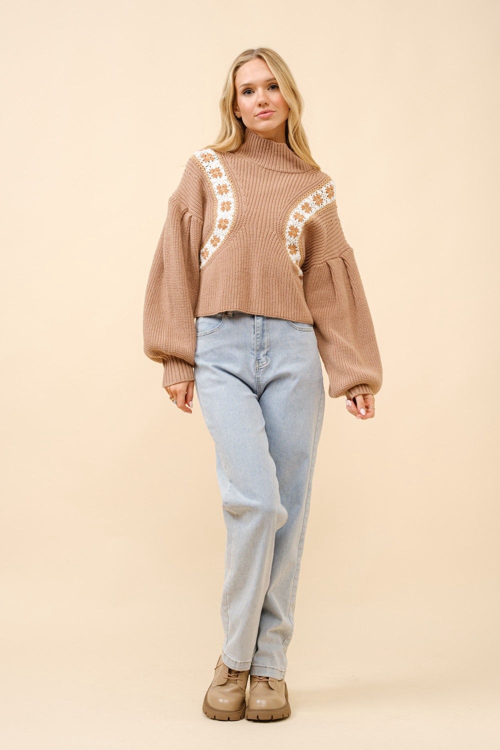 Crochet Inset Balloon Sleeve Sweater