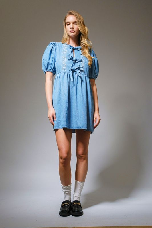 Washed Denim Puff Sleeve Dress