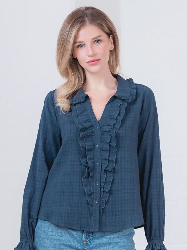 Navy Ruffle Long Sleeve