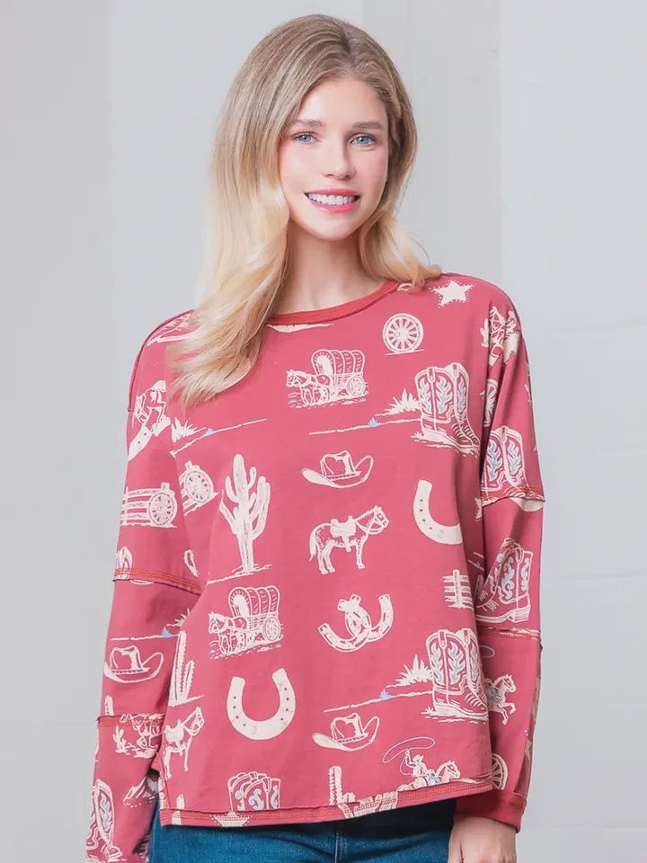 Western Printed Round Neck Long Sleeve Top