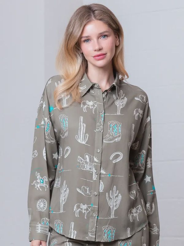 Western Printed LongSleeve with Collar Button Down