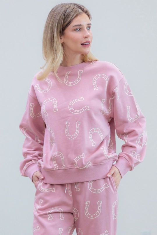 Long Sleeve Round Neck Horseshoe Printed Sweat Shirt