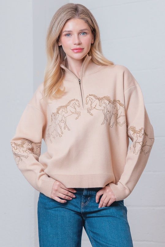 Long Sleeve High Neck Front Zip-Up Horses Embroidery Sweatshirt