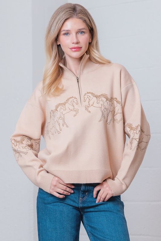 Long Sleeve High Neck Front Zip-Up Horses Embroidery Sweatshirt