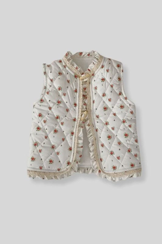 Floral Vest With Lace Detail-Cream