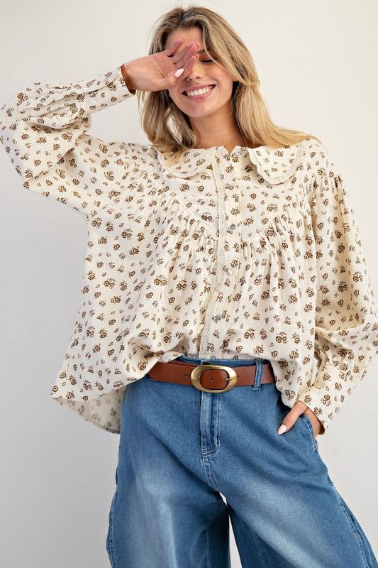 FLORAL PRINTED COTTON GAUZE BUTTON DOWN BLOUSE
