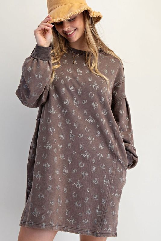 LONGSLEEVE WESTERN PRINTED TERRY DRESS