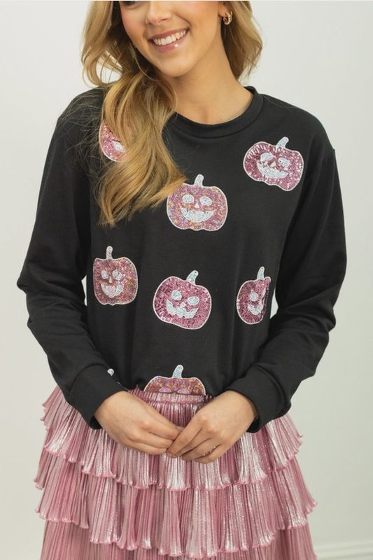 Glitter Pumpkins on Black Long-Sleeve Shirt